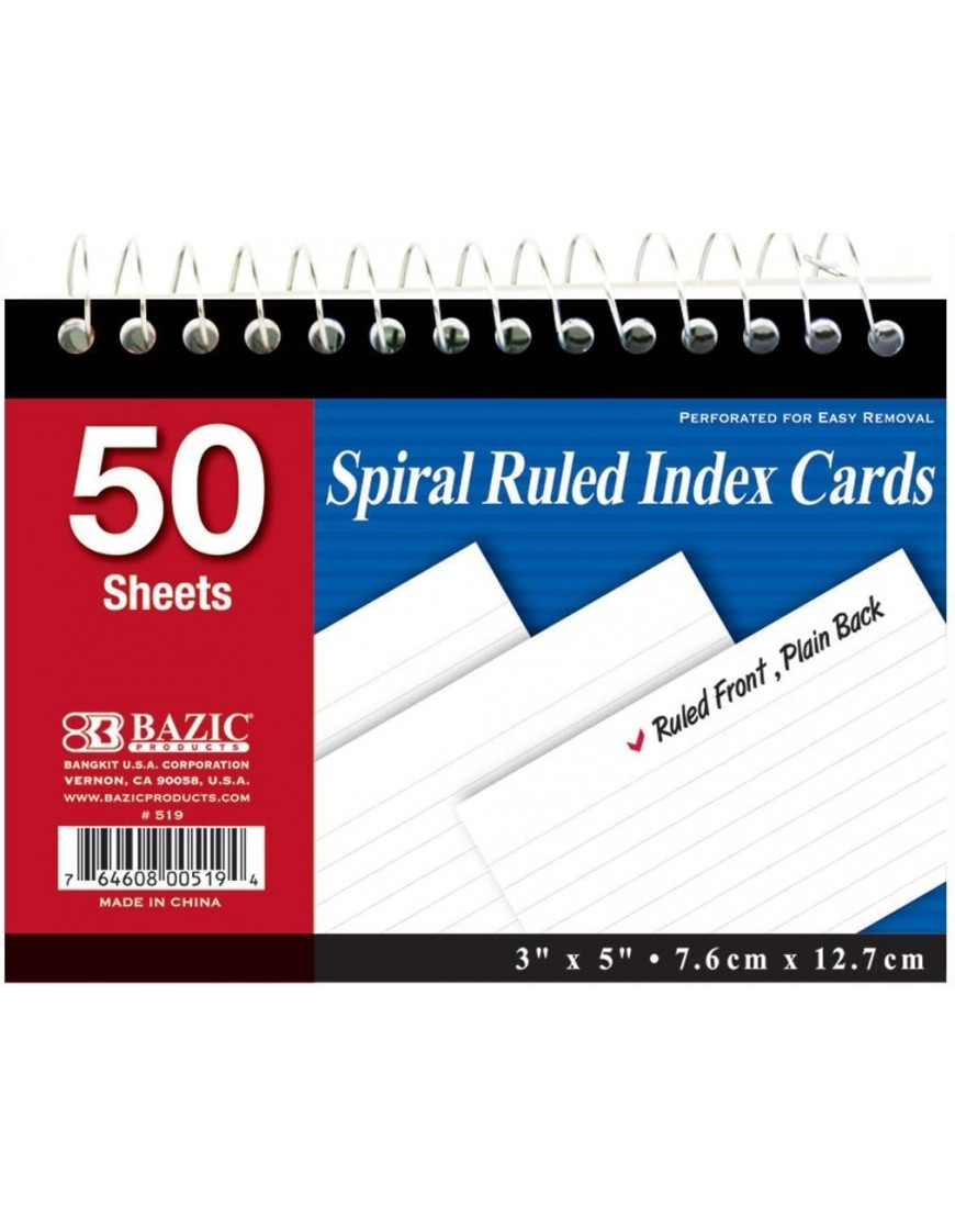 3 Pk Spiral Bound 3 Inch X 5 Inch Ruled White Index Card 50 Ct. by Bazic - BKZBT3MM