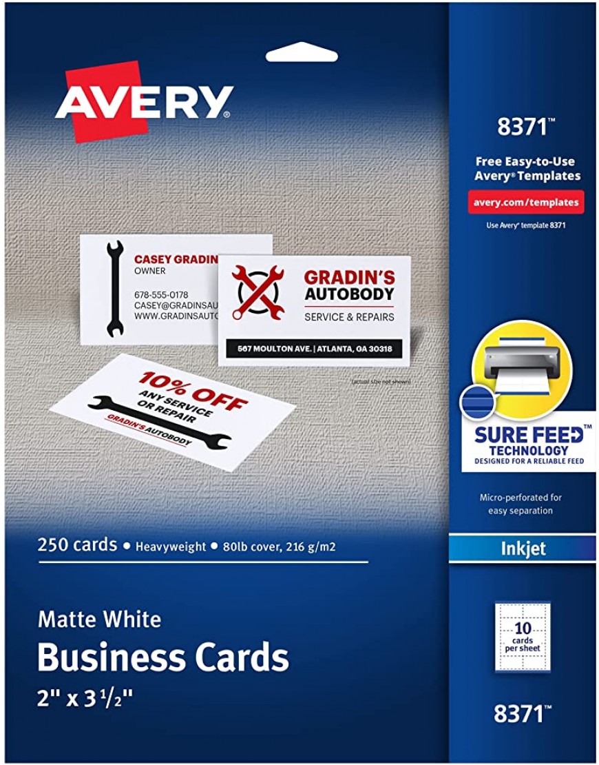 Avery 5,1 x 8,9 cm Visitenkarten Sure Feed Technologie für Tintenstrahldrucker 250 Karten 8371 Weiß - BMYIHK4M