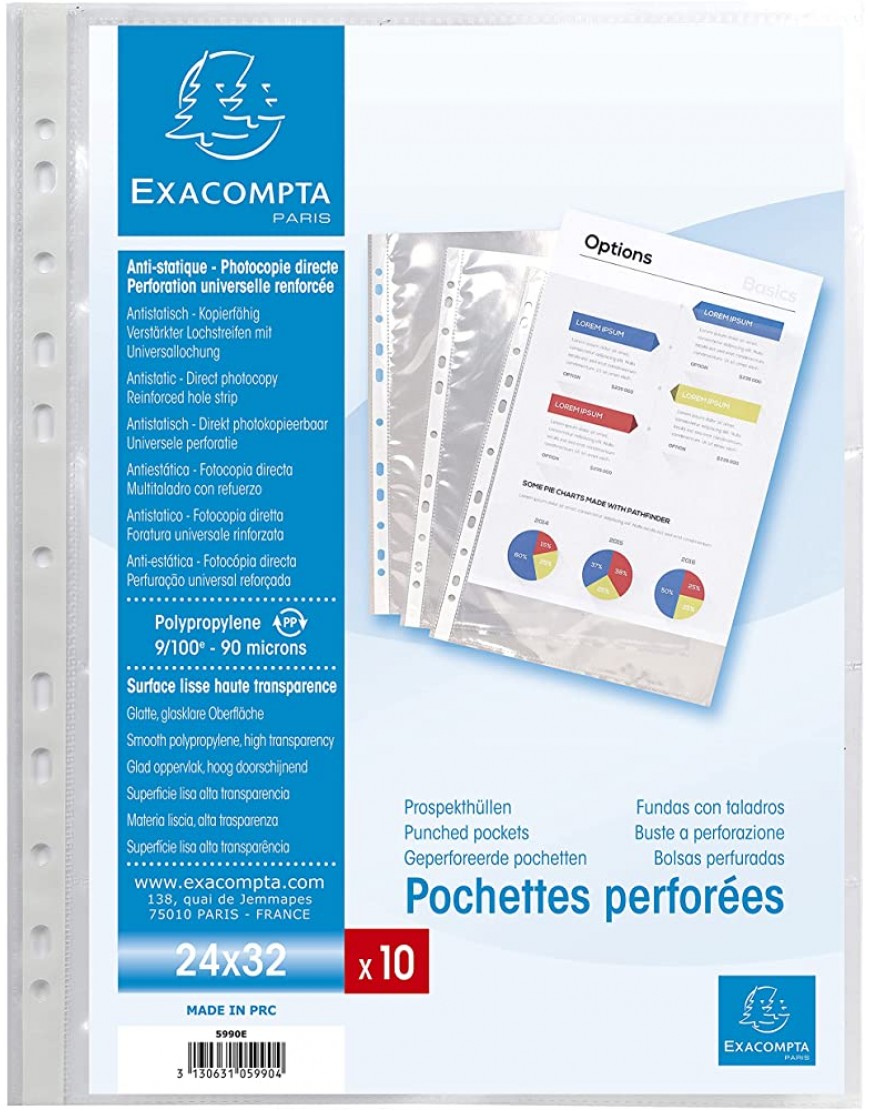 Exacompta 55046E 10er Pack Premium PP-Kunststoff Visitenkartenhüllen. Für DIN A4 transparent genarbt mit 10 Fächern Klarsichtfolie Plastikhülle Klarsichthülle ideal für Ordner und Hefter - BFMQV25K