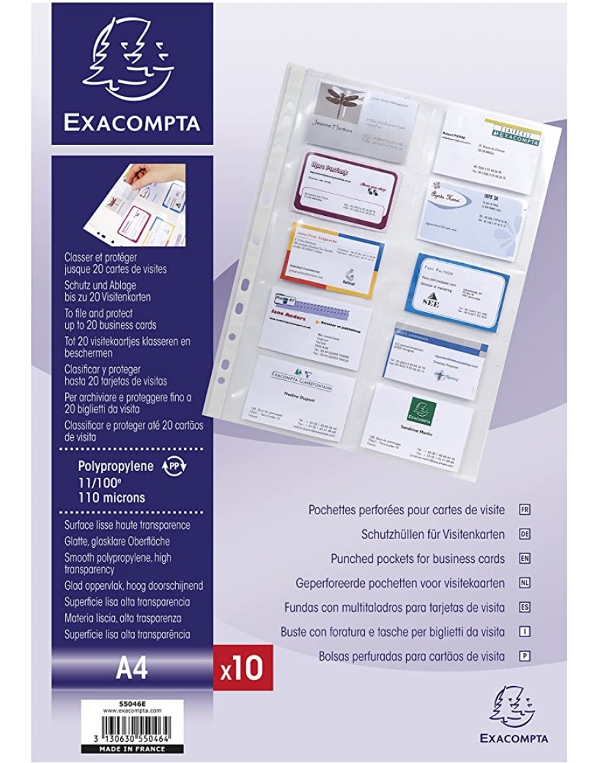 Exacompta 55046E 10er Pack Premium PP-Kunststoff Visitenkartenhüllen. Für DIN A4 transparent genarbt mit 10 Fächern Klarsichtfolie Plastikhülle Klarsichthülle ideal für Ordner und Hefter - BFMQV25K