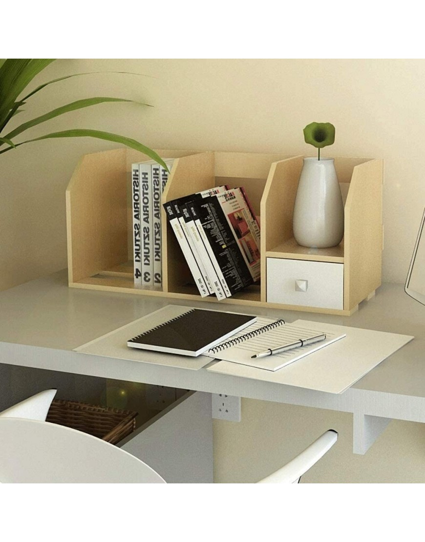 Ablageboxen Desktop-Bücherregal mit Schublade und 3 Upright Sections Schreibtisch-Organisator Anzeigen-Regal-Rack Bürobedarf Ablagesystem für den Schreibtisch - BLHWX883