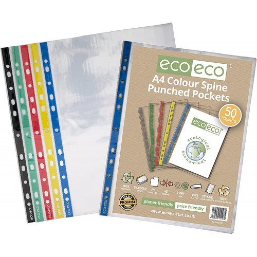 eco-eco Eco107 Klarsichthüllen A4 100 % recycelt farbiger Rücken mehrfach gelocht 45 Mikron 50 Stück - BFXESE6A