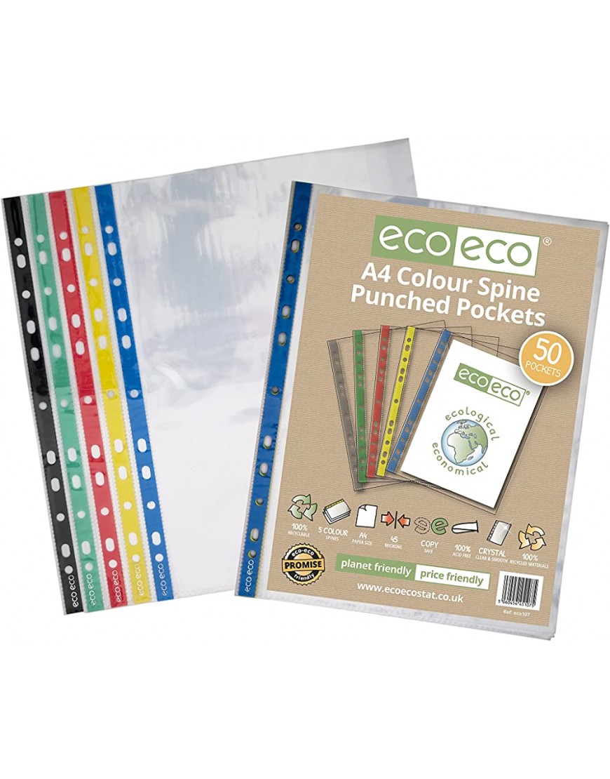 eco-eco Eco107 Klarsichthüllen A4 100 % recycelt farbiger Rücken mehrfach gelocht 45 Mikron 50 Stück - BFXESE6A