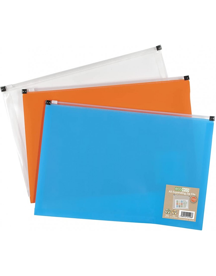 eco-eco Fächermappe mit Reißverschluss A5 50% recycelt transparent orange blau 12 Stück eco106 x 12 - BCFUSQB5