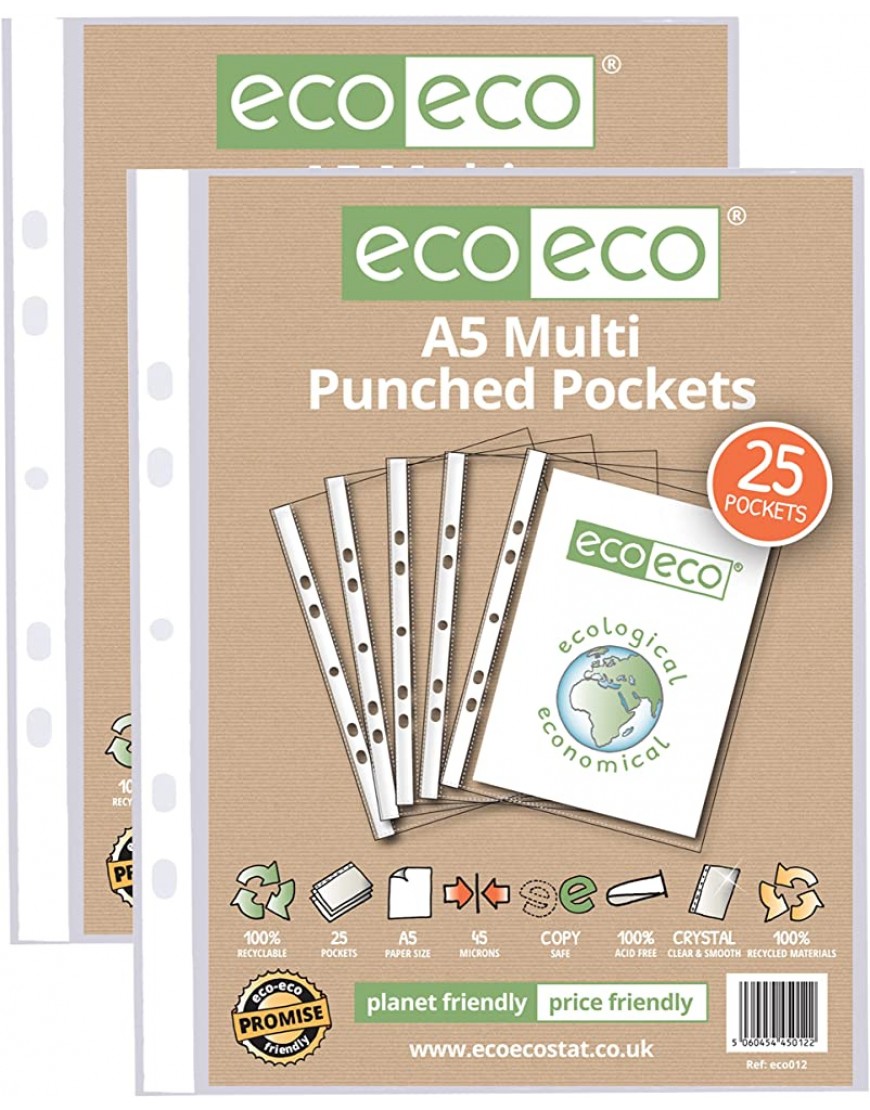 eco-eco Klarsichthüllen A5 100% recycelt mehrfach gelocht 45 Mikron 50 Hüllen eco012x2 - BQHHY4WE