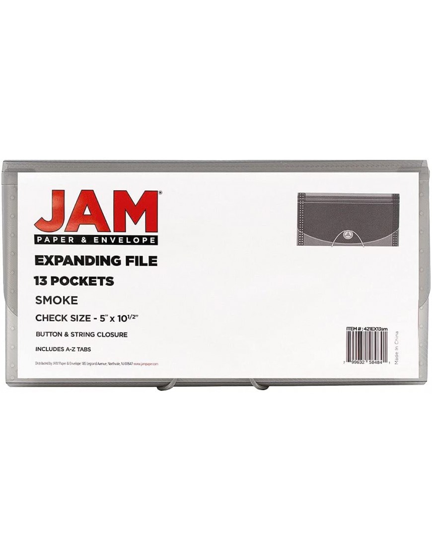 JAM PAPER Erweiterbare 13 Fächer Mappe mit Knopf & Kordel Verschluss Akkordeonmappe 127 x 266,7 mm Rauch Grau Einzeln Erhältlich - BEEKUBK1