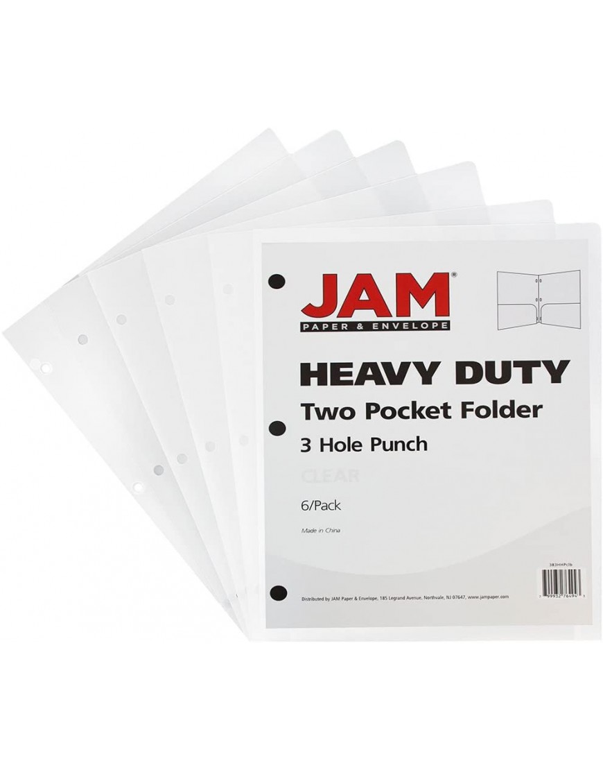 JAM PAPER Strapazierfähige Kunststoff Schulmappen mit 3 Löchern und Taschen Transparent 6 Packung - BOOUYV3Q