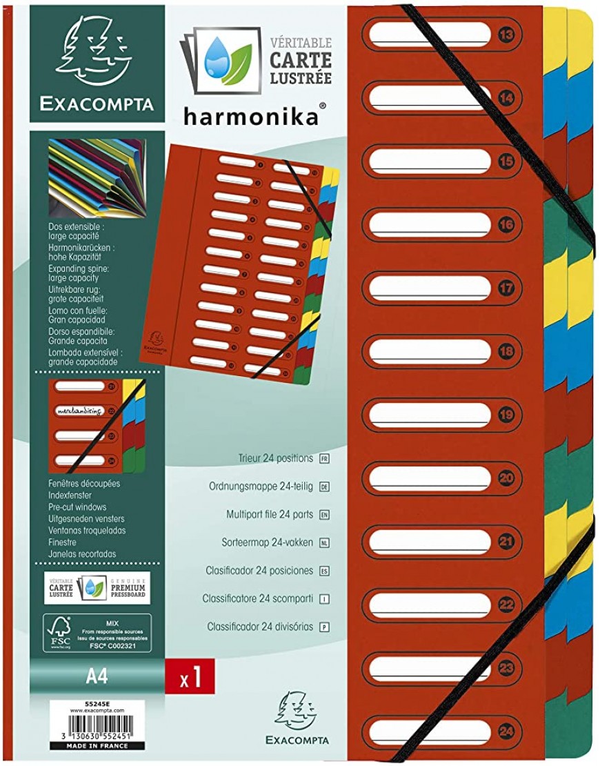 Exacompta 55245E Premium Ordnungsmappe Harmonika. Aus extra starkem Colorspan-Karton DIN A4 24 Fächer und 2 Gummizüge mit Indexfenster und dehnbarem Rücken Register-Mappe rot - BBVTE1KJ