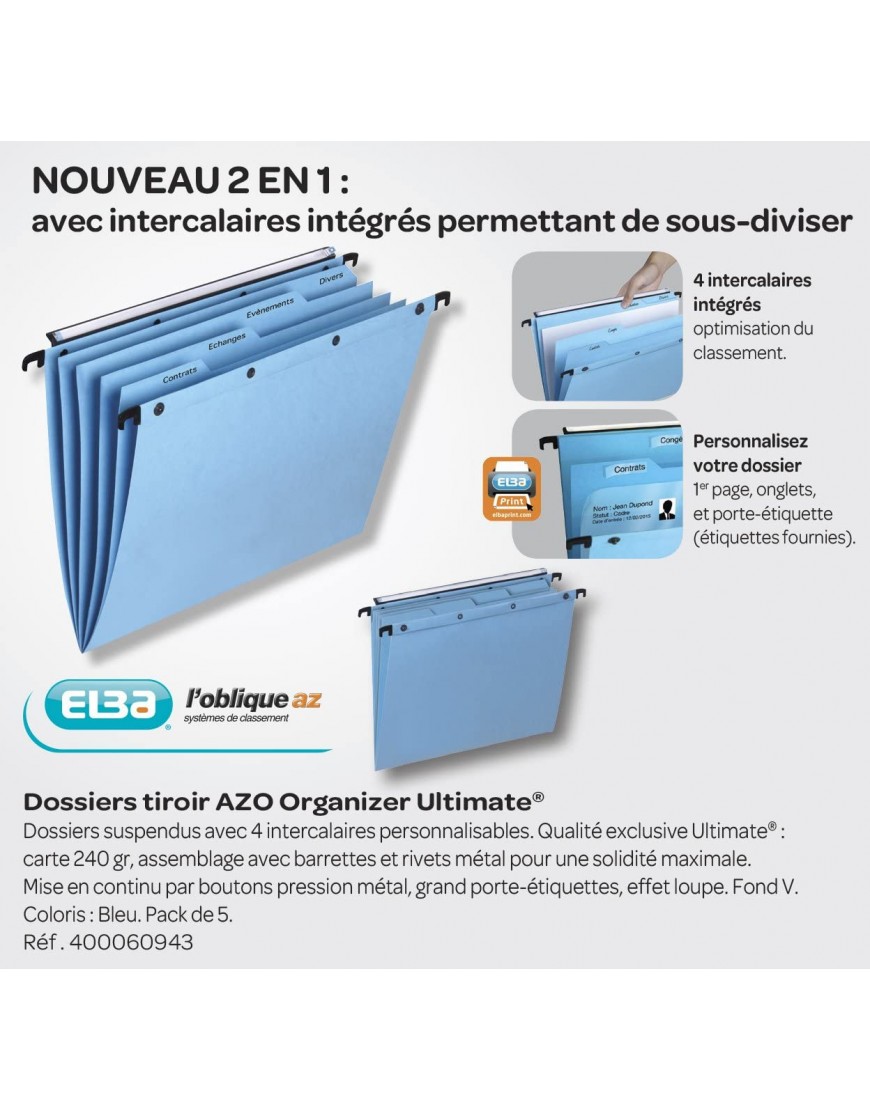 ELBA ULTIMATE AZO Set 5 Hängemappen mit Trennblättern integrierten Boden V A4 Kraftpapier blau - BXCLZ3H5