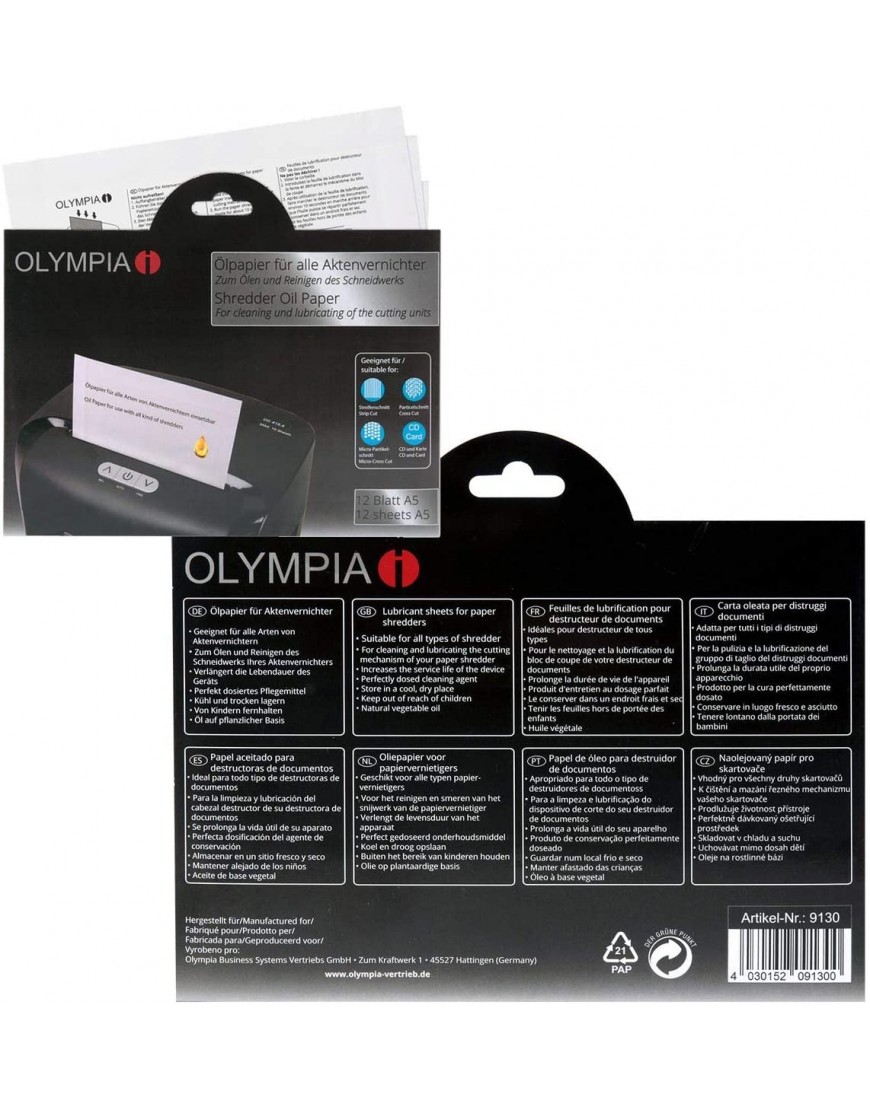 OLYMPIA PS 54CC im Set mit Ölpapier Partikelschnitt Aktenvernichter weiß - BBEODD32