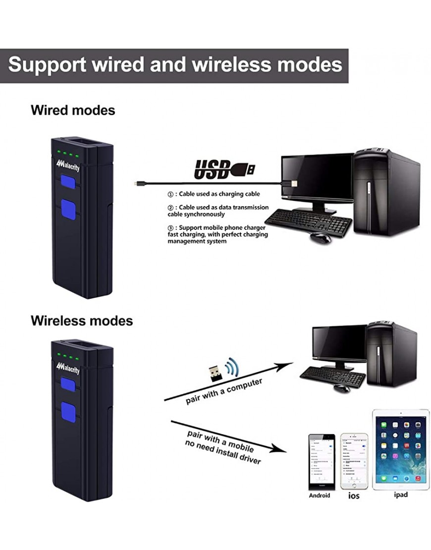 Alacrity 1D Laser Mini Bluetooth Barcode Scanner Bluetooth 2,4 GHz kabellosem kabelgebundenem USB 3in1 Freihändiges Digitalem Barcode Leser für Windows Mac iOS Android,2877LB - BFNWZMBH
