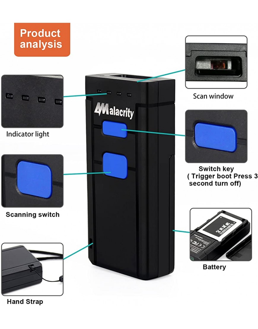 Alacrity 1D Laser Mini Bluetooth Barcode Scanner Bluetooth 2,4 GHz kabellosem kabelgebundenem USB 3in1 Freihändiges Digitalem Barcode Leser für Windows Mac iOS Android,2877LB - BFNWZMBH