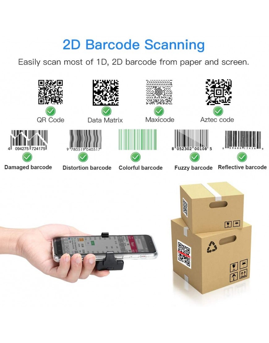 Eyoyo 2D Bluetooth-Barcode-Scanner Drahtloser rückseitiger Clip am Telefon Barcode-Scanner mit einstellbarem 1D CMOS QR PDF417-Code für die Lagerbestandsbibliothek - BTUDMBHJ