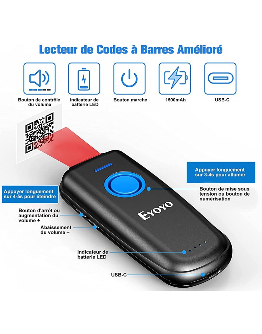 Eyoyo Blue-Tooth QR Barcode-Scanner mit Lautstärkeregelungstaste und physikalischer Netzschalter 2D-Barcode-Scanner tragbarer 2,4 GEY-023 2D - BZREA3W7