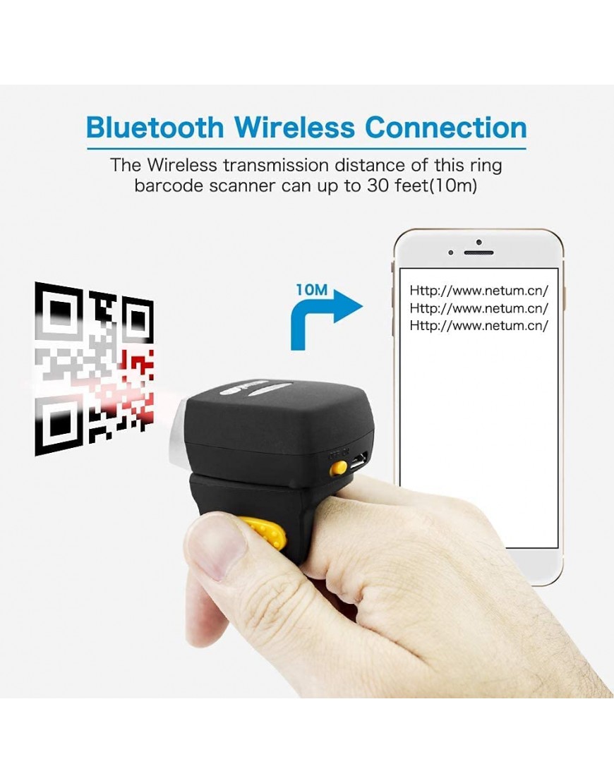 NetumScan Bluetooth Ring 1D 2D QR Barcode-Scanner Tragbarer Mini-Barcodeleser Kompatibel mit Windows Mac OS Android 4.0 + iOS,Unterstützt Scan PDF417 DataMatrix auf Bildschirm und Papier - BZUACQMB