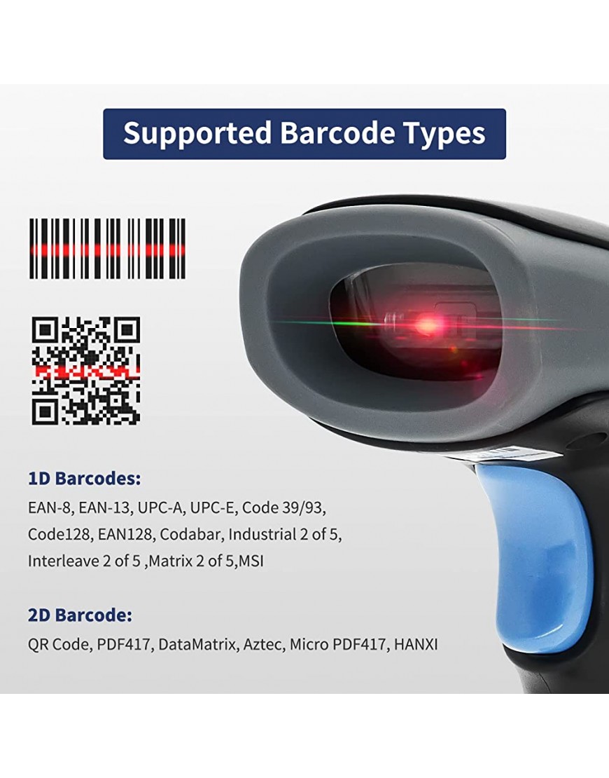 SNADUU Barcode Scanner USB 2D QR Code Scanner Handscanner mit Halterung Automatisch Barcodescanner Kabelgebunden PDF417 DataMatrix 1D UPC EAN für Windows Mac Linux - BENASAB5