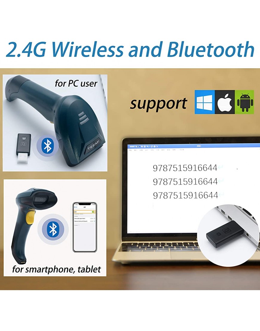 TEEMI TMSL-58 Bluetooth-Barcode-Scanner 2.4G Drahtloser tragbarer USB-Handheld-CCD-Bildleser 1D-Bildschirmscanning für Windows iOS iPhone iPad Mac Android Smartphone-Tablets - BZNXX55N