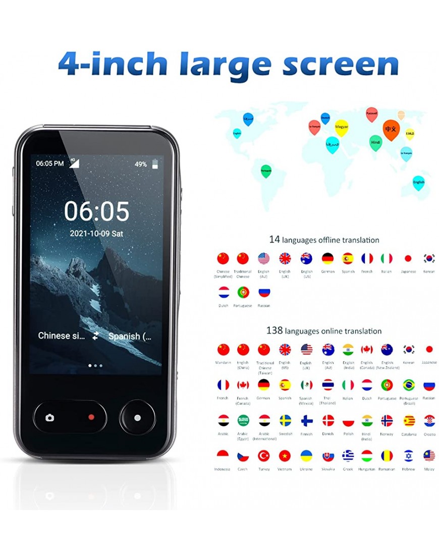 InLoveArts Intelligenter Sprachübersetzer mit 138 Sprachen WLAN Offline-Aufzeichnung Fotoübersetzung 4,0-Zoll-Touchscreen Übersetzergerät Smart - BDPUZABB