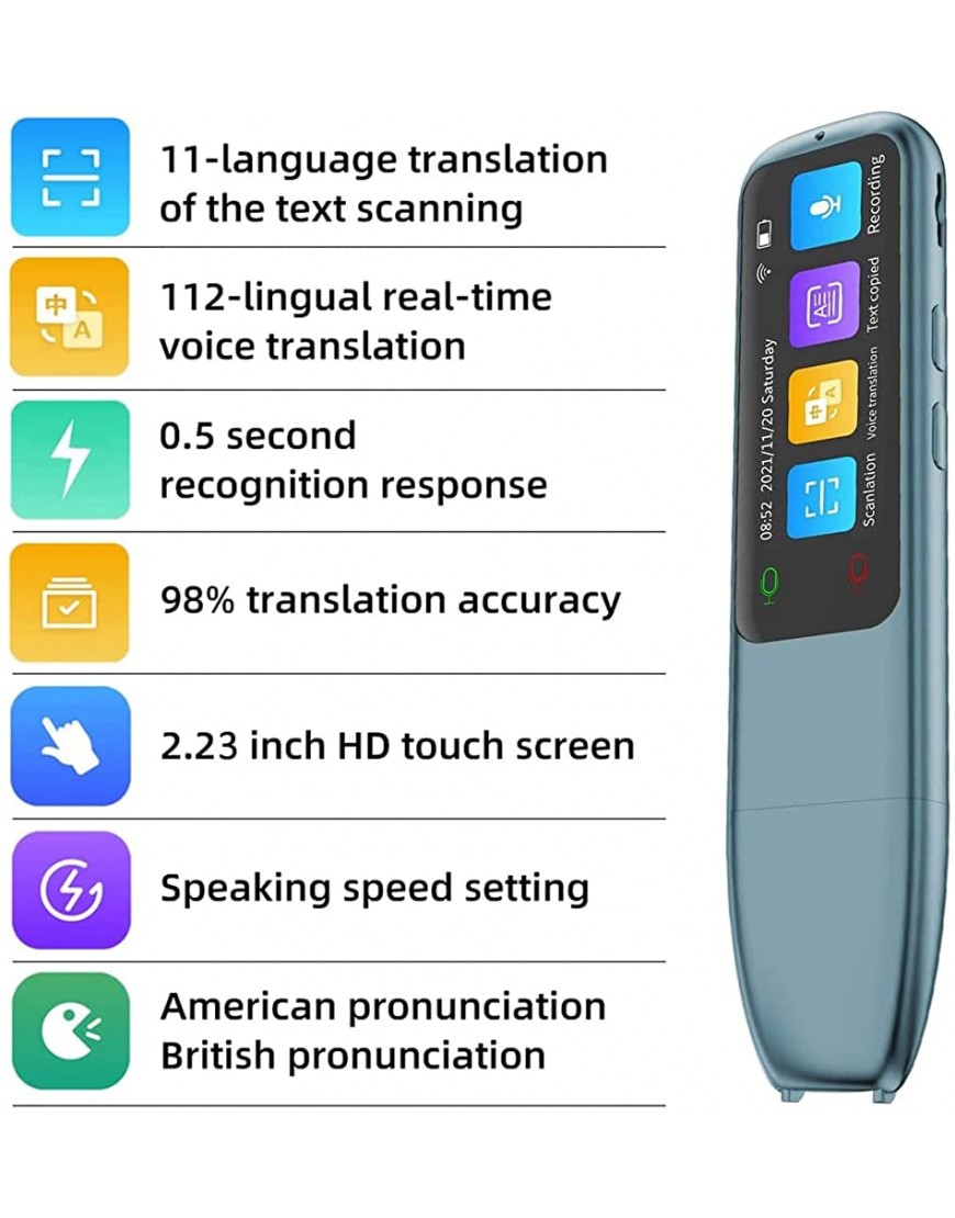 Instant Translator Device WiFi Scanning Pen 112 Sprachen Echtzeit-Sprachübersetzer Offline-Scanning Übersetzungsgerät in 12 Sprachen für Reisen Studium Color : Blau - BNMQA52E
