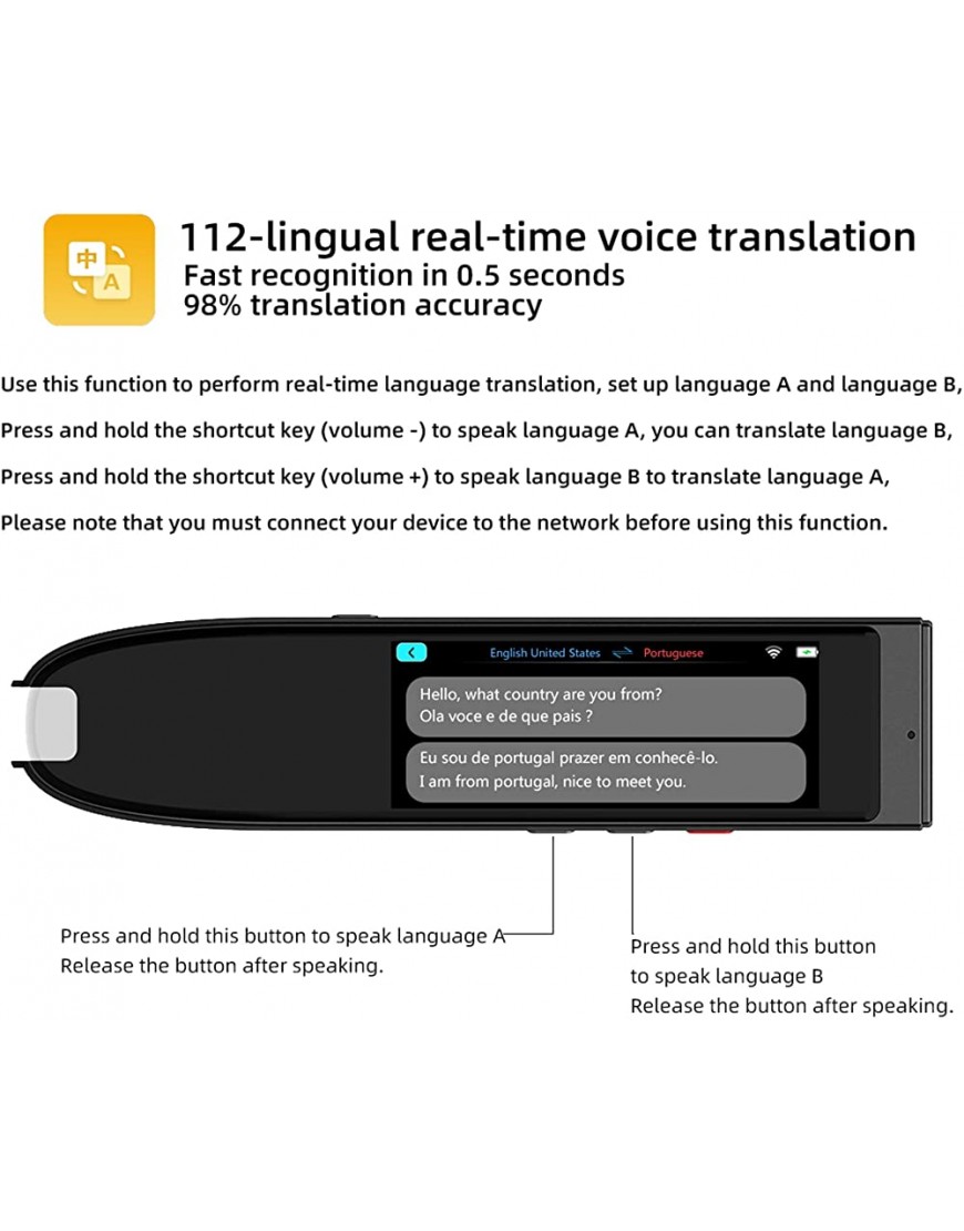 Übersetzer-Scan-Stift Offline-Scan-Übersetzung in 11 Sprachen Online-Sprachübersetzung in Beide Richtungen in 112 Sprachen 2,86-Zoll-HD-Touchscreen 98% Übersetzungsgenauigkeit - BKYYQ5B5