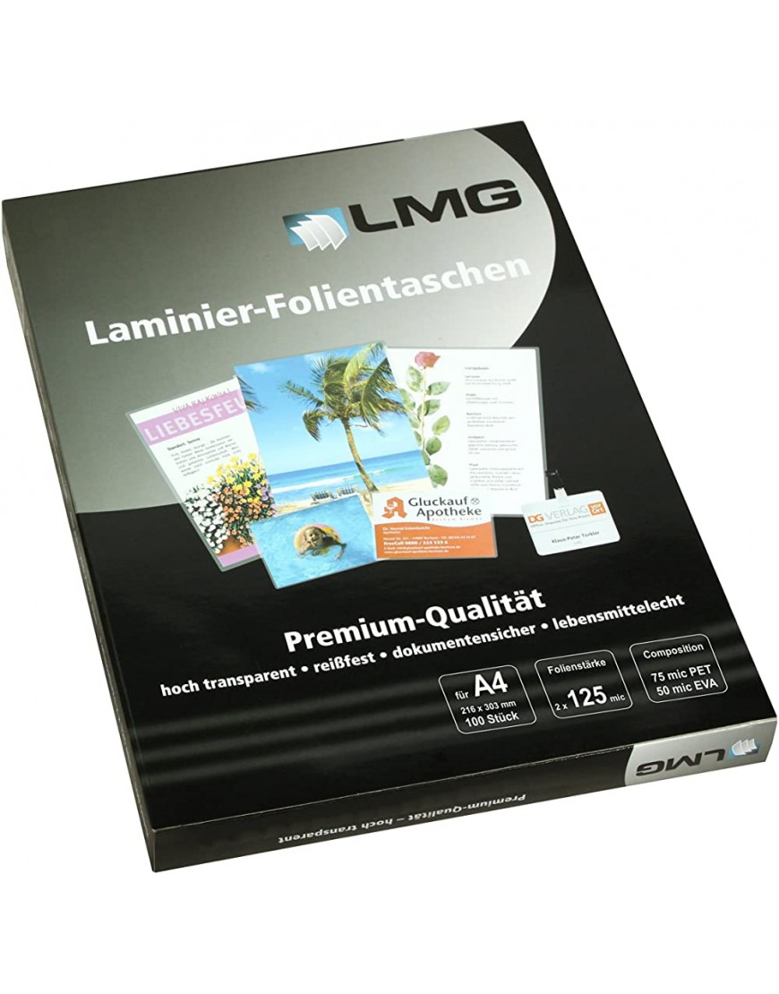 LMG LMGA4-125 Laminierfolien A4 216 x 303 mm 2 x 125 mic 100 Stück - BGQOZ686