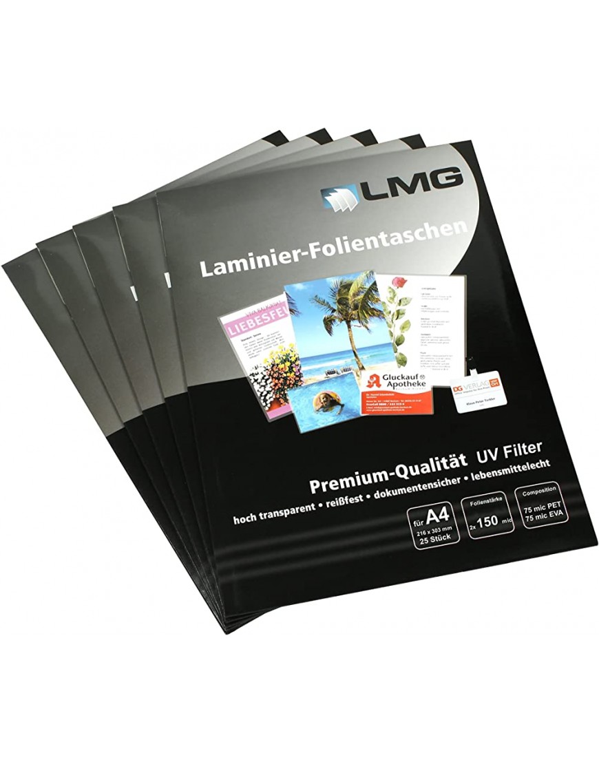 LMG LMGA4-150UV-25 Laminierfolien A4 216 x 303 mm 2 x 150 mic mit UV Filter 25 Stück - BZBYHW81