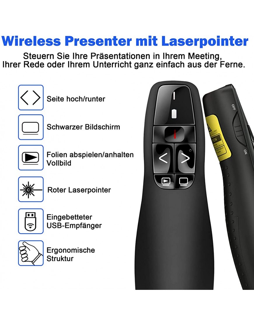 Presenter mit Laserpointer Präsentation Powerpoint Fernbedienung 2.4 GHz Wireless Presenter Pointer mit USB-Empfänger Präsentationsfernbedienung für Windows&Mac Laserpointer Katzen 15m Reichweite - BNZEH685