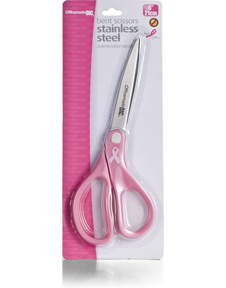Officemate Breast Cancer Awareness 8 Inch Stainless Steel Scissors Antimicrobial Bent Handle Pink 08921 by Officemate - BIOUWKHW