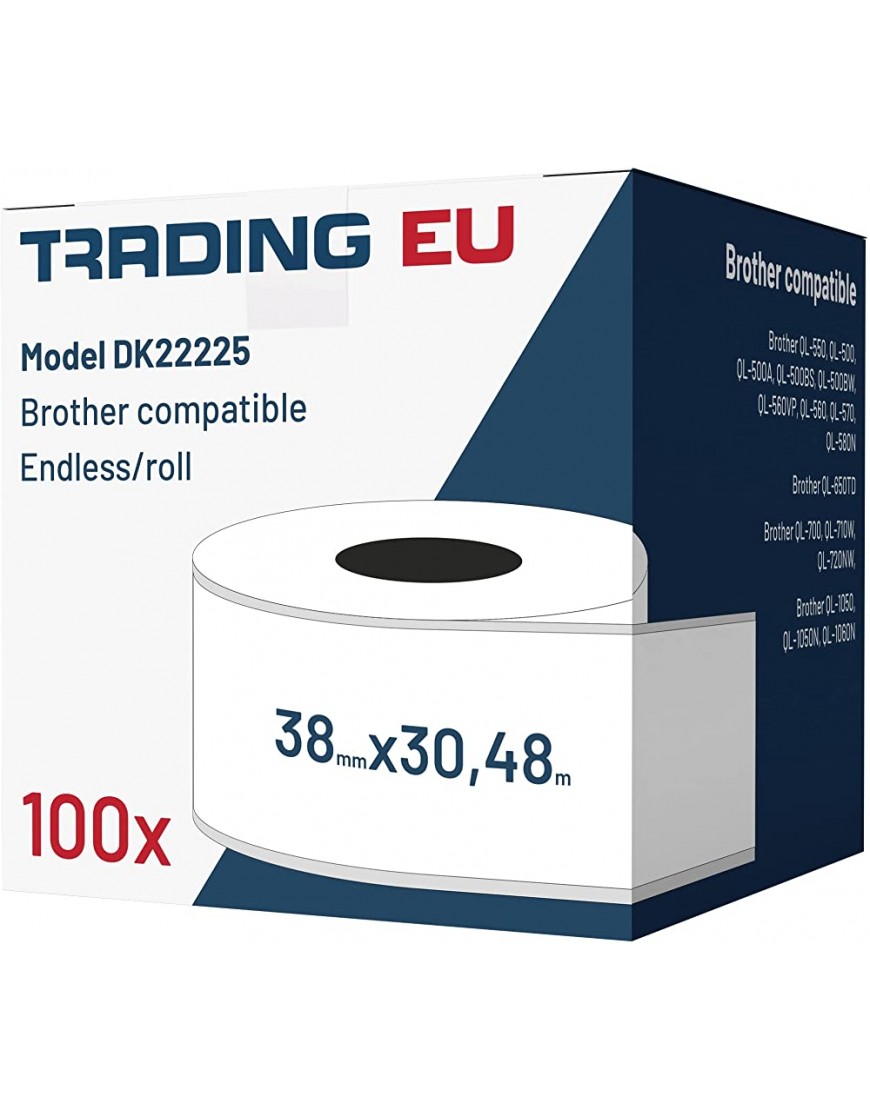 100x Label kompat. zu Brother DK22225 38 mm x 30,48 m endlos + 1x wiederverwendbarer Wechselhalterung - BCUOW1A6