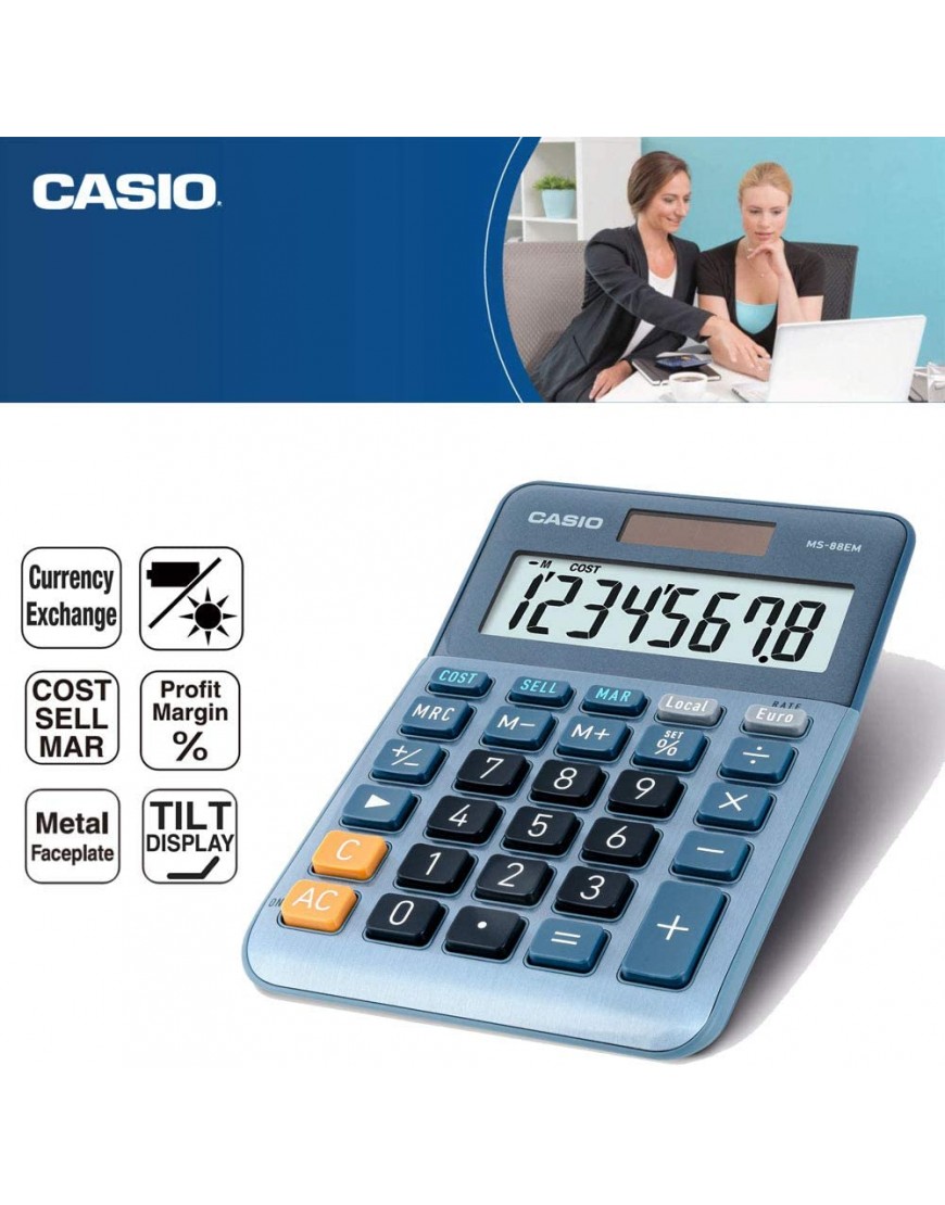 CASIO Tischrechner MS-88EM 8-stellig Währungsumrechnung Cost Sell Margin Aluminiumfront Solar- Batteriebetrieb - BHBNA4QH