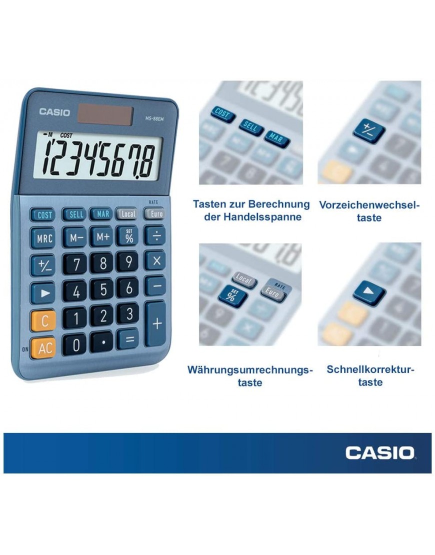 CASIO Tischrechner MS-88EM 8-stellig Währungsumrechnung Cost Sell Margin Aluminiumfront Solar- Batteriebetrieb - BHBNA4QH
