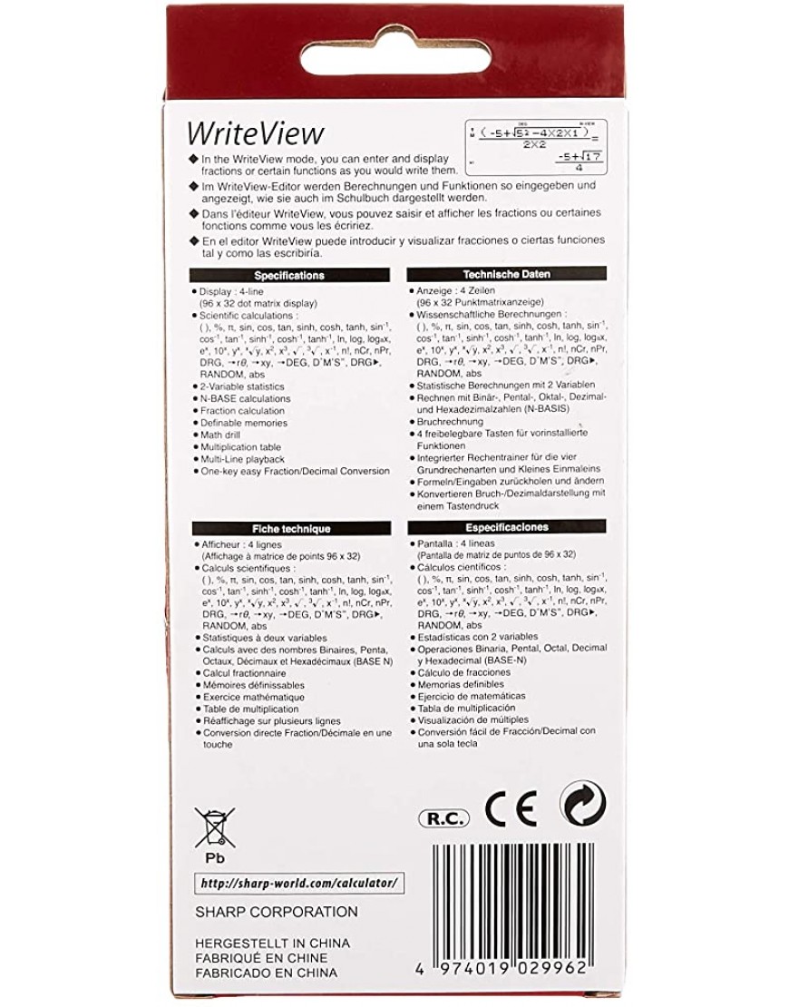 Sharp EL-W531 XG-YR Wissenschaftlicher Schulrechner 4-zeilige Anzeige WriteView D.A.L.-Eingabe Orange - BLISR3K1
