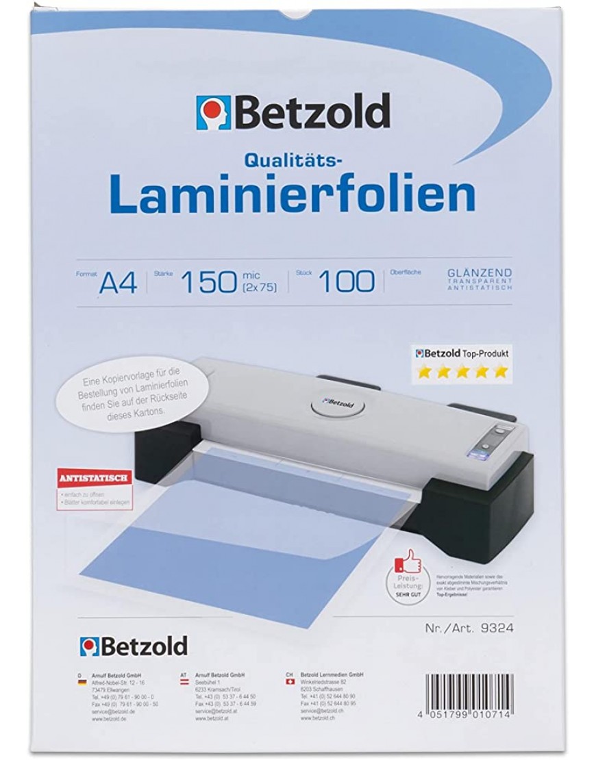 Betzold Laminier-Folien A4 100 Stück Laminier-Taschen Folier-Folien - BNYRJ7KE