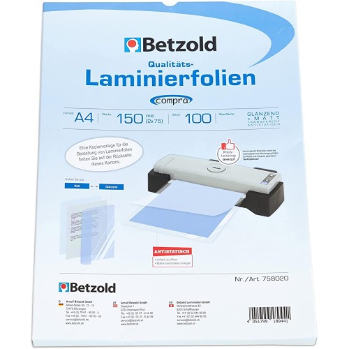 Betzold Laminier-Folien A4 100 Stück Laminier-Taschen Folier-Folien - BUHUBMA3