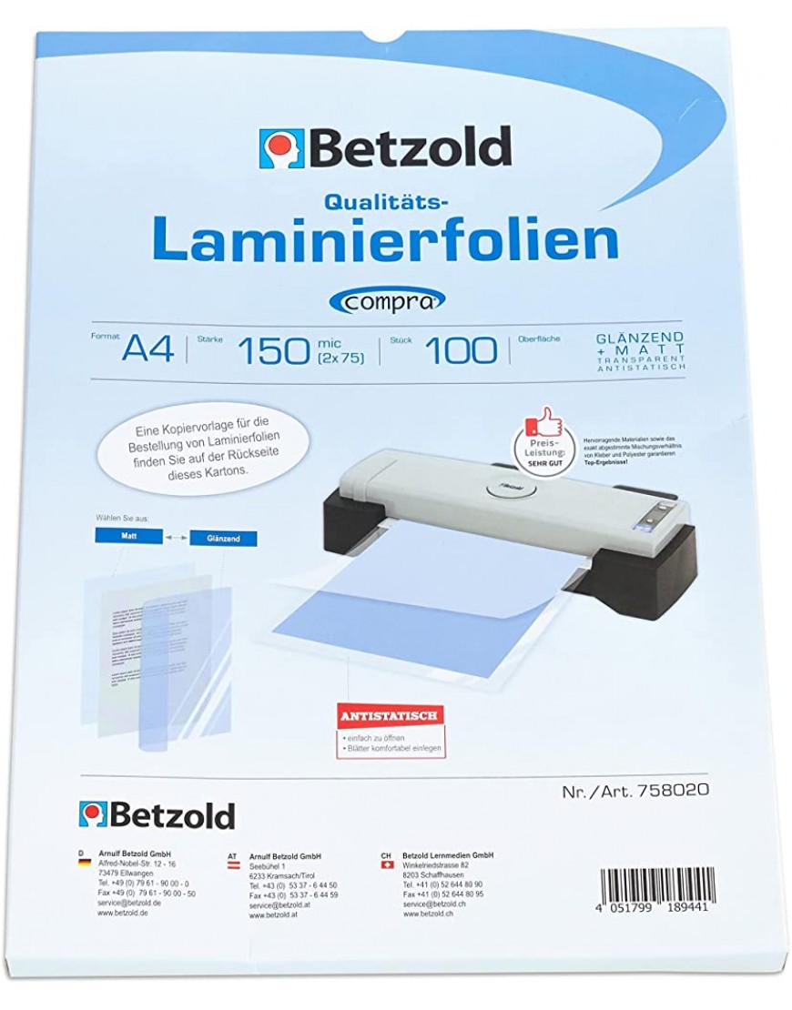 Betzold Laminier-Folien A4 100 Stück Laminier-Taschen Folier-Folien - BUHUBMA3