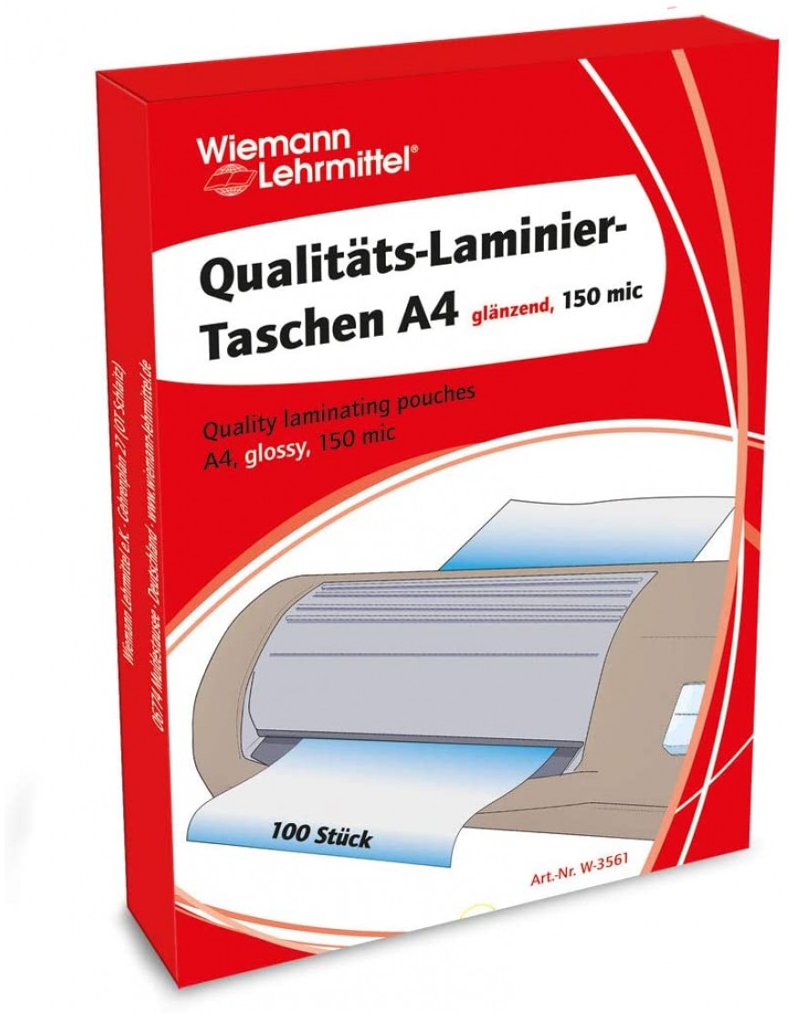 Laminiertaschen im A4-Format Heißlaminierfolien glänzend | Wiemann Lehrmittel 100 Stück – 150 mic - BCVSYHWK
