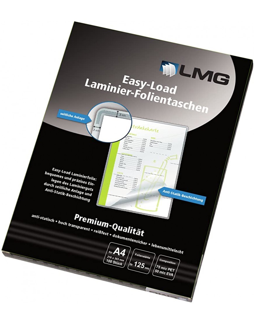 LMG LMGE-A4-125 Laminierfolien Easy Entry A4 216 x 303 mm 2 x 125 mic 100 Stück - BVIPSA83