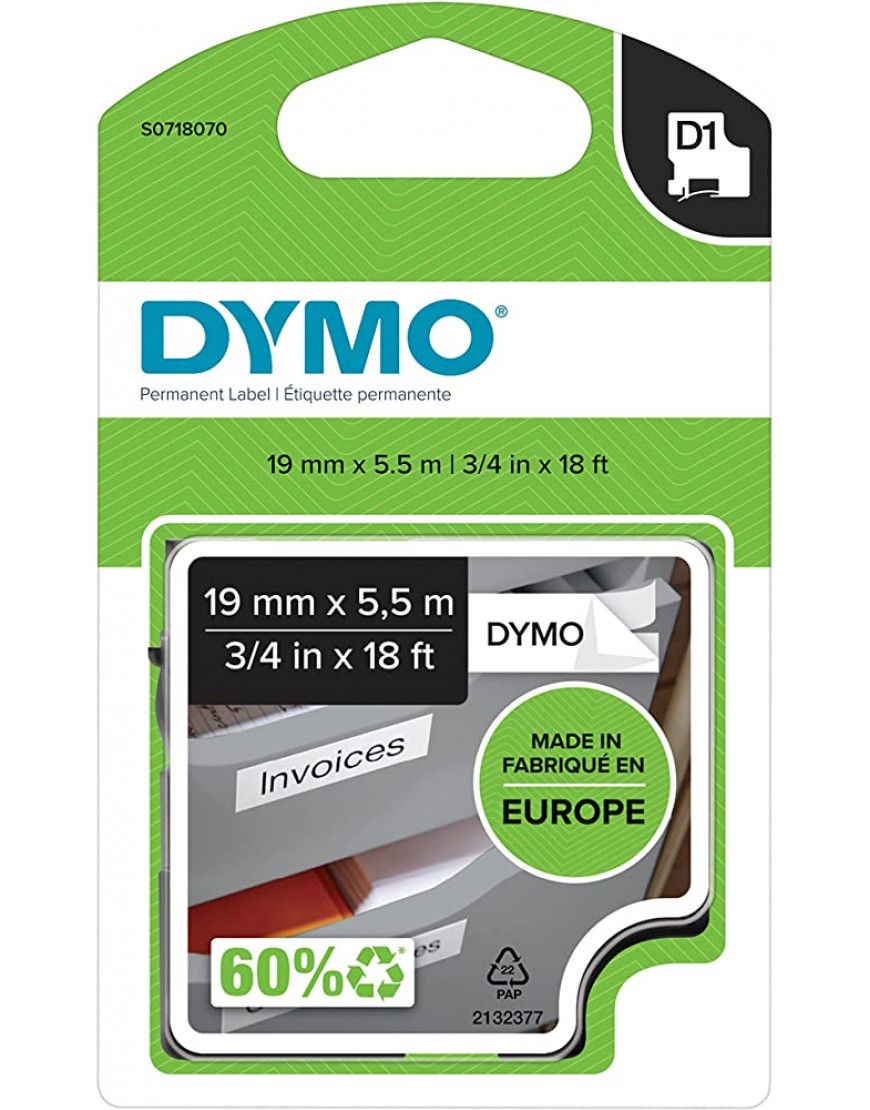 DYMO D1 Permanent Polyester Etikettenband | schwarz auf weiß| 19 mm x 5,5 m | selbstklebendes Schriftband | für LabelManager-Beschriftungsgerät | Originales Produkt - BSGHXQWM