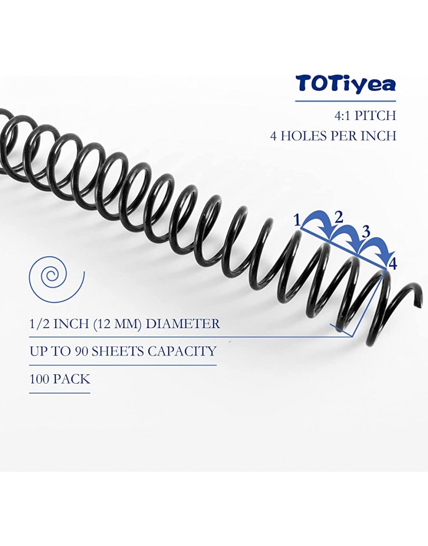 TOTiyea 100 Stück Kunststoff-Spiralbindungsspulen 12 mm Bindespiralen 90 Blatt Kapazität 4:1 Teilung schwarz - BYPTWE24