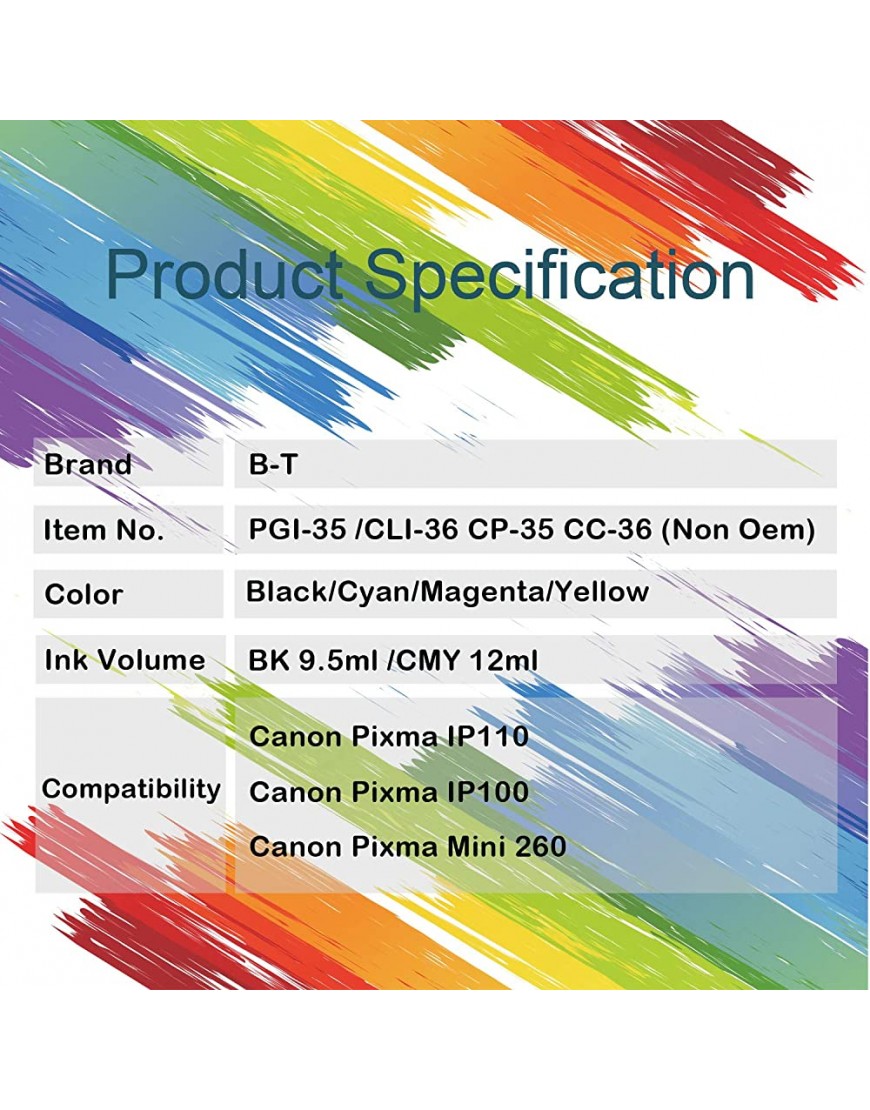 B-T CC-36 Kompatible Tintenpatrone Ersatz für Canon CLI-36 CLI36C 1511B018 Color Druckerpatrone kompatibel mit Canon Pixma IP100 Mini260 IP110 2 Stück - BTNVE3MN