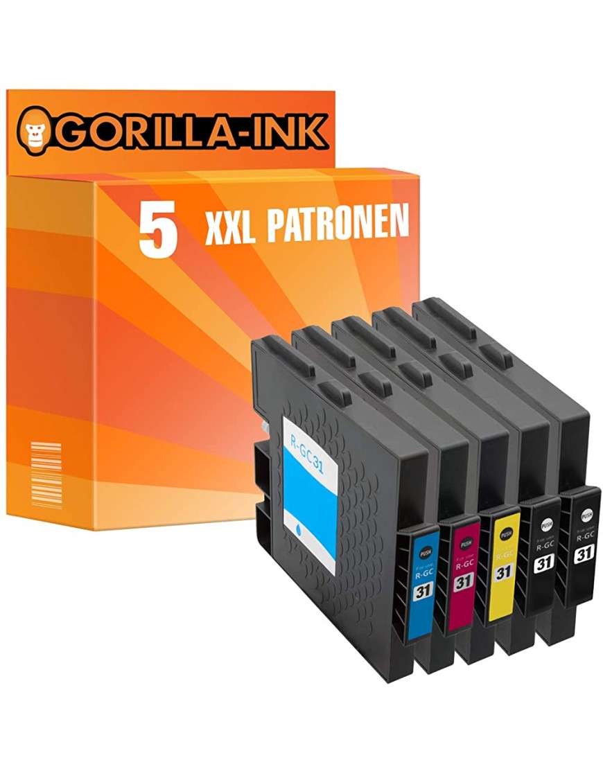 Gorilla-Ink 5 Druckerpatronen XXL passend zu Ricoh GC-31 | Geeignet für Aficio GX e2600 GX e3300 GX e3300N GX e3300 Series GX e3350N Lanier GX e3300N e3300 Series e3350N - BAPXZH6V