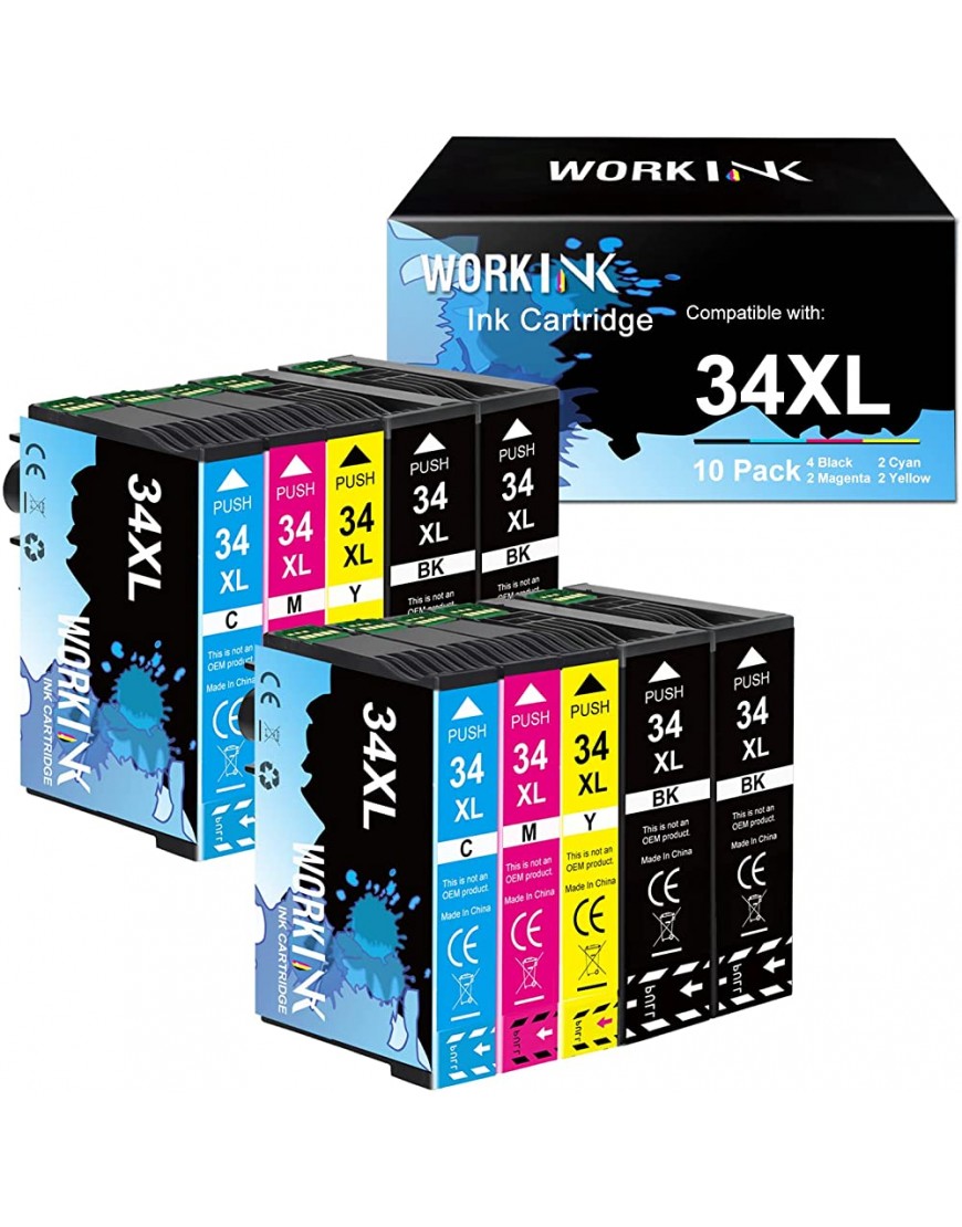 WorkInk 34XL Druckerpatronen Multipack Kompatibel mit Epson 34 34XL Tintenpatrone Ersatz für Epson Workforce Workforce Pro WF-3725 WF-3720 WF-3725DWF WF-3720DWF 4 schwarz 2Cyan 2Magenta 2Gelb - BRWQE8JW