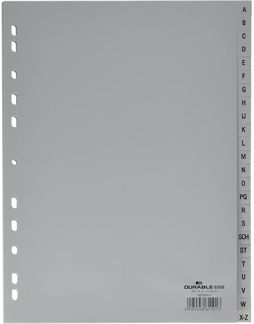 Durable A-Z Register A4 geprägte Taben 24tlg. aus PP volldeckend 10 Stück grau 650810 - BINJUKJA