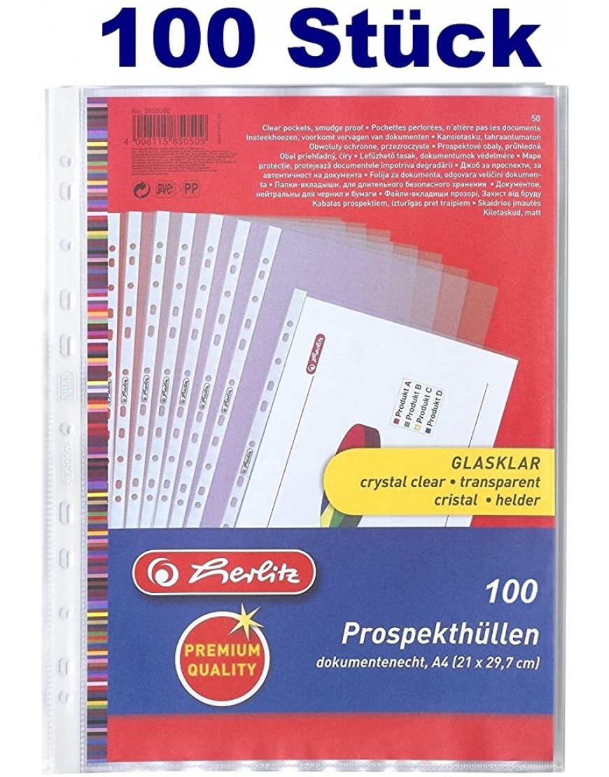 Herlitz 5850508 Prospekthülle Premium A4 glasklar A4 Transparent 2x50 100 Stück - BPFUVB5M