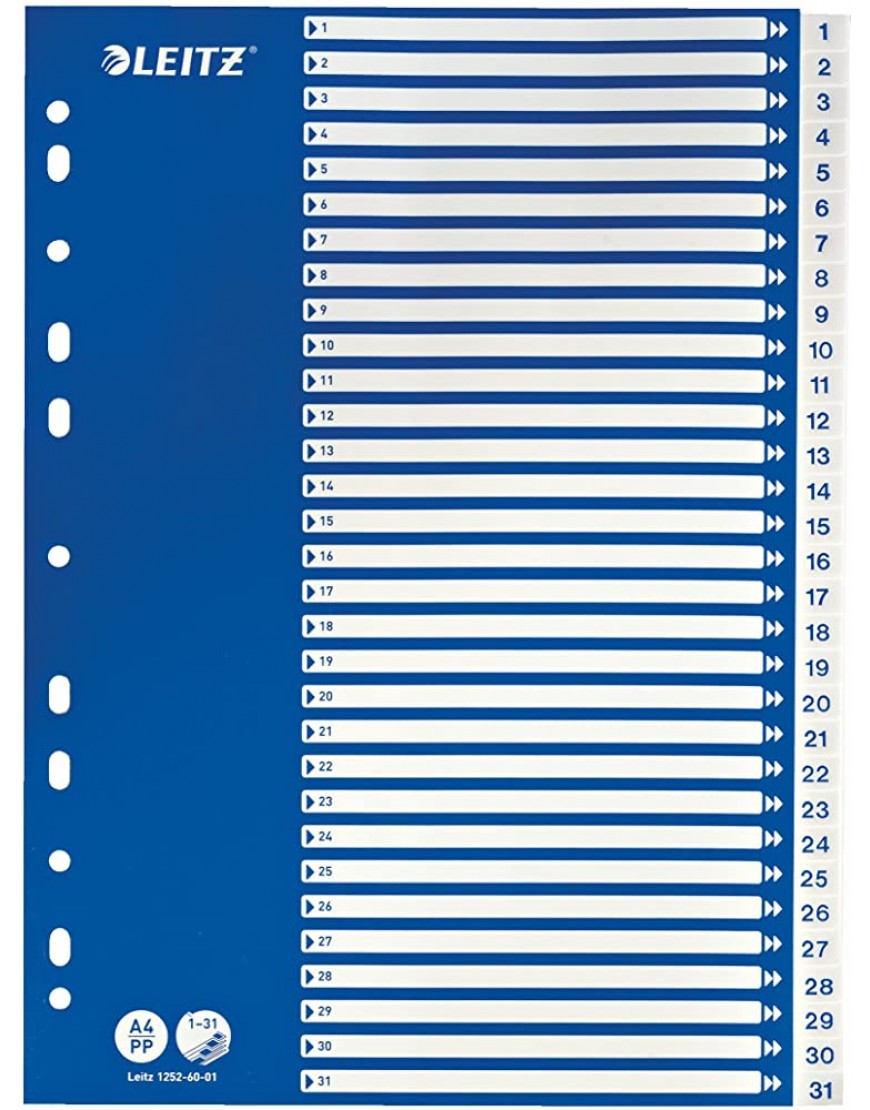 Leitz Register für A4 Deckblatt aus Karton und 31 Trennblätter aus Kunststoff Taben mit Zahlenaufdruck 1-31,Blau Weiß 12526001 - BIDKIJ49