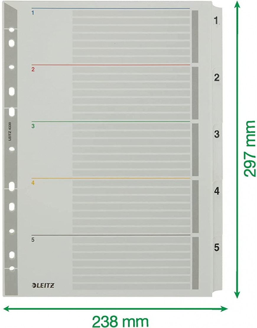 Leitz Register für A4 Laminiertes Deckblatt und 5 Trennblätter mit Zahlenaufdruck 1-5 Lochrand und Taben folienverstärkt Überbreite Grau Karton 43300000 - BTWMFDED