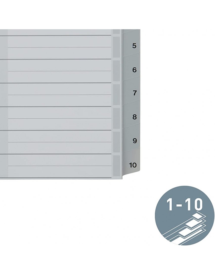 Leitz Register für A5 Deckblatt aus Karton und 10 Trennblätter aus Kunststoff Taben mit Zahlenaufdruck 1-10 Grau 12850000 - BLHTT3K9