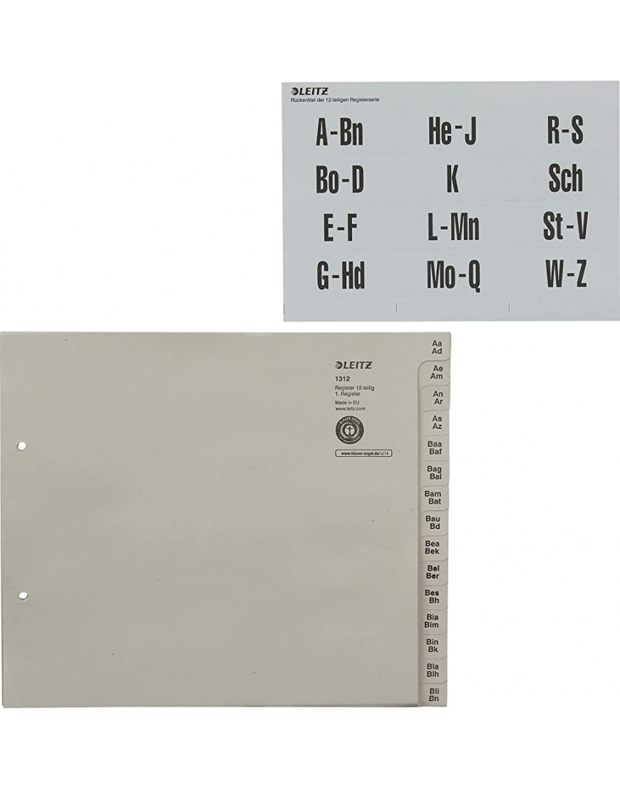 Leitz Register Trennblätter mit Taben und alphabetischem Aufdruck A-Z für 12 Ordner Halbe Höhe und Überbreite Grau 100% recyceltes Papier Blauer Engel Siegel 13120085 - BMRAN791