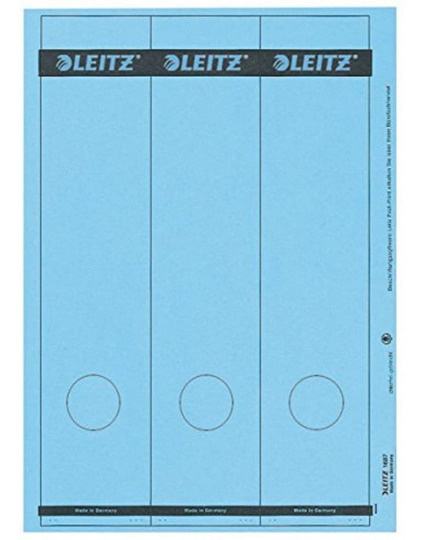 Leitz PC-beschriftbare Rückenschilder selbstklebend für Standard- und Hartpappe-Ordner 75 Stück Langes und breites Format 62 x 285 mm Papier blau 16870035 - BMDCA536